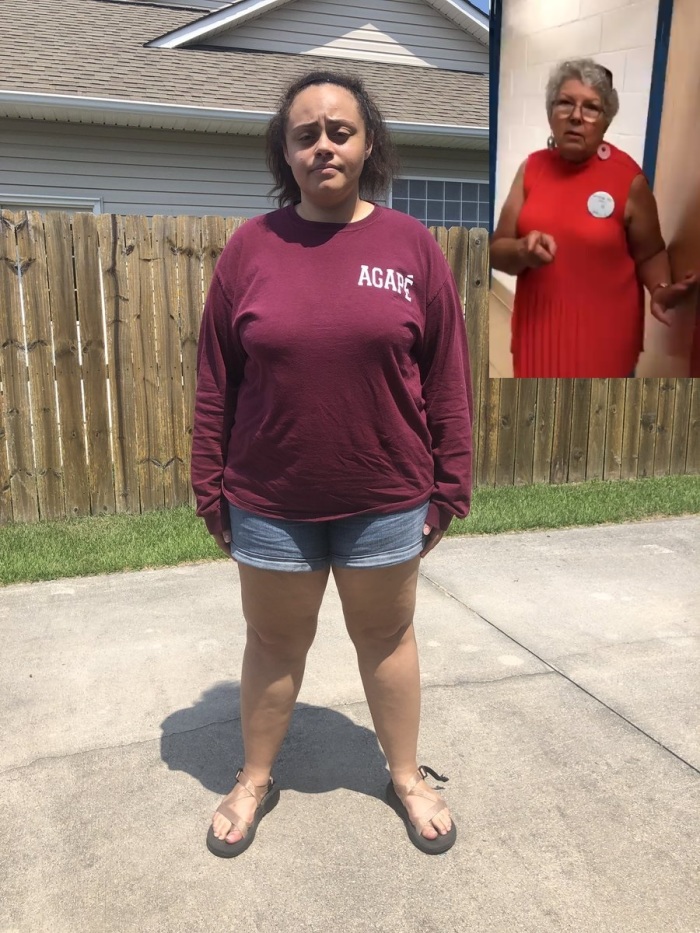 Jenna, a worship leader at Swansboro United Methodist Church in North Carolina recorded her older adult church sister (inset) scolding her for being too fat to wear shorts on stage on Sunday June 30, 2019.