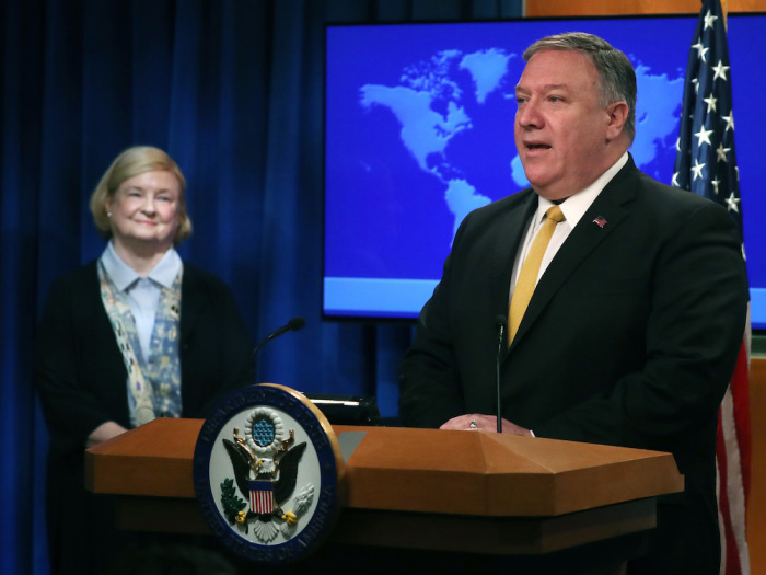 U.S. Secretary of State Mike Pompeo is joined by commission chair Harvard Professor Mary Ann Glendon while announcing the formation of a commission to redefine human rights, based on “natural law and natural rights”, during a news conference at the Department of State, on July 8, 2019, in Washington, DC. 