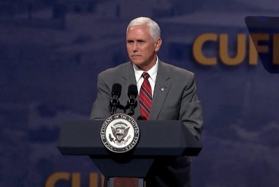 Vice President Mike Pence giving a speech at the Christians United for Israel summit in Washington, D.C. on Monday, July 8, 2019. 