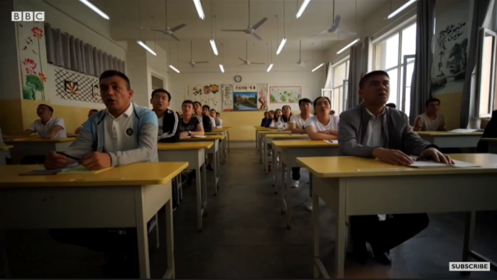 Detainees participate in a class at a 'training education' center established by the Chinese government in the Xinjiang region. It is believed that as many as 3 million minorities have been imprisoned in these camps. 