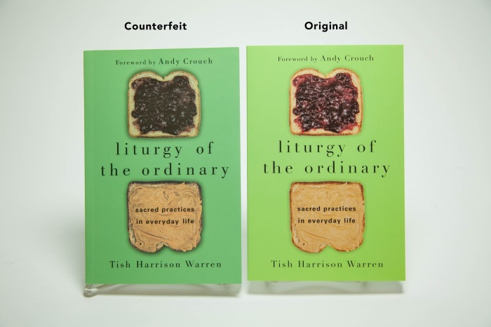 Real and fake copies of Tish Harrison Warren's Liturgy of the Ordinary: Sacred Practices in Everyday Life.