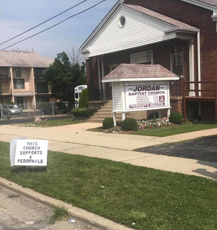A sign protesting Jordan Baptist Church in Burbank, Ill. on July 7, 2019.