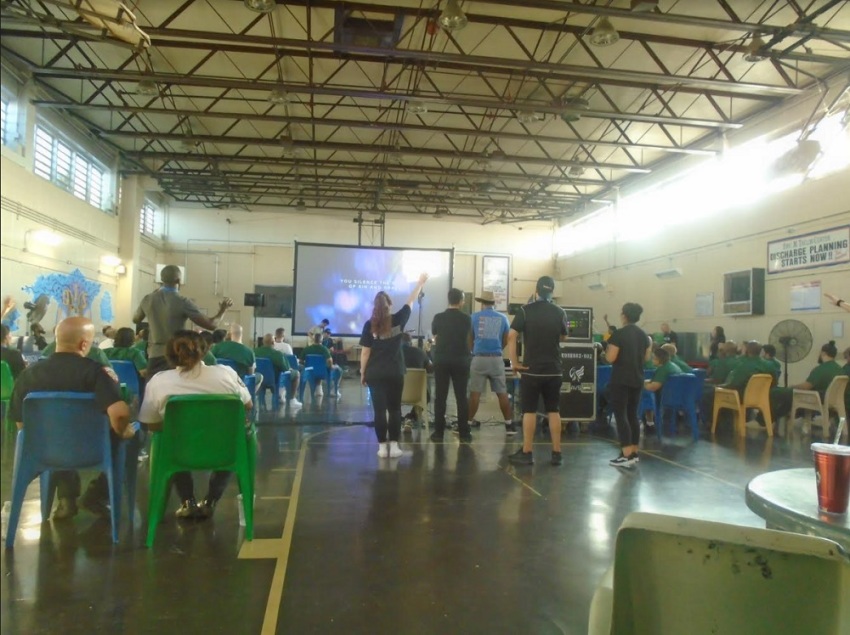 Inmates participate in a Prison Fellowship "Hope Event" held at Rikers Island in New York City on July 3, 2019.