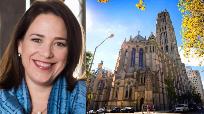 The Rev. Dr. Amy K. Butler (L) became the first female pastor of the famed Riverside Church (R) in New York City in 2014.