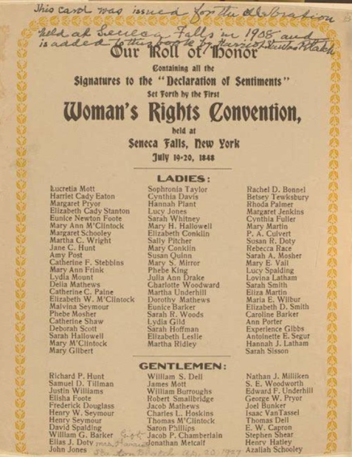 A list of the signers of the Declaration of Sentiments, signed at the Seneca Falls Convention held at Wesley Chapel in 1848. 