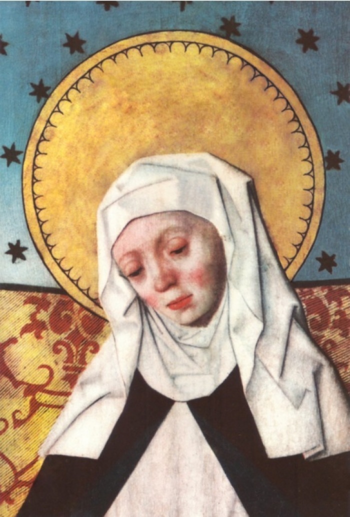 A painting of Saint Bridget of Sweden, also known as Birgitta of Sweden, on an altarpiece in Salem church, Södermanland, Sweden.
