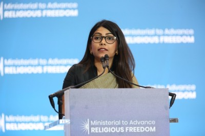 Yamini Ravindran speaks at the second State Department Ministerial to Advance Religious Freedom at the Harry S. Truman Building in Washington, D.C., on July 16, 2019.