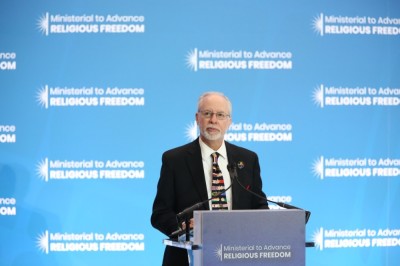 Rabbi Jeffrey Myers from the Tree of Life synagogue in Pittsburgh speaks at the State Department's second Ministerial to Advance Religious Freedom in Washington, D.C., on July 16, 2019.