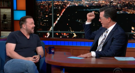 Ricky Gervais on "The Late Show" with Stephen Colbert, July 2019.