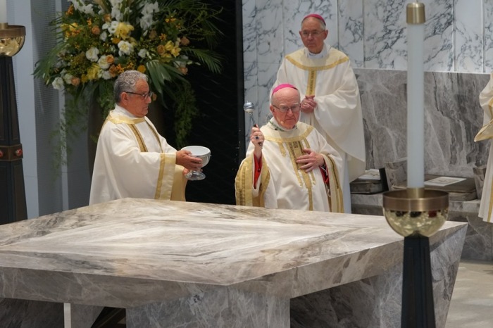 Bishop Kevin Vann of the Diocese of Orange, California, dedicates the newly renovated Christ Cathedral formerly known as the Crystal Cathedral.