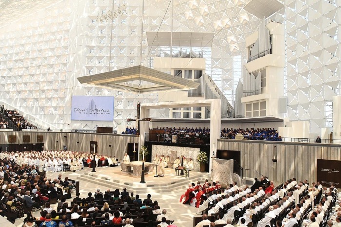The former Crystal Cathedral is dedicated as the new seat of the Diocese of Orange, California, under the name Christ Cathedral.
