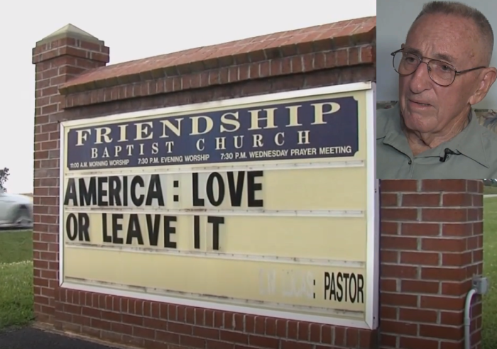 Pastor E. W. Lucas (inset) of Friendship Baptist Church in Appomattox, Va., and his controversial sign.