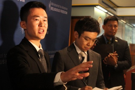 North Korean defector Illyong Ju speaks with the press at the U.S. State Department's Ministerial to Advance Religious Freedom at the Harry S. Truman Building in Washington, D.C. on July 17, 2019.