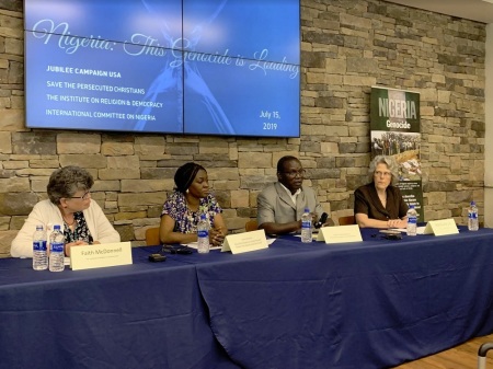 Panelists participate in a panel discussion about the ongoing human rights abuses committed in Nigeria by Fulani militants against Christian farming communities in Washington, D.C. on July 15, 2019. From left to right: Faith McDonnell from the Institute on Religion & Democracy, Nigerian Christian Toynin Shonowo, Nigerian Pastor Yakubu Bakfwash and Ann Buwalda from the Jubilee Campaign.