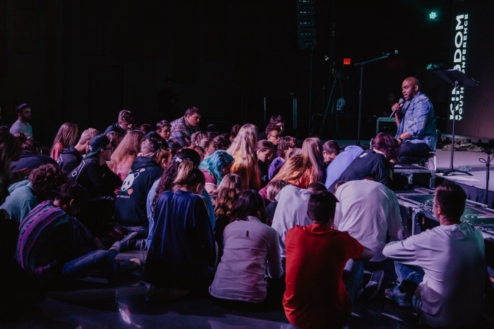 Pastor Kemtal Glasgow speaks to children during a Kingdom Youth Conference event at Destiny Life Church in Claremore, Oklahoma in April 2019. 