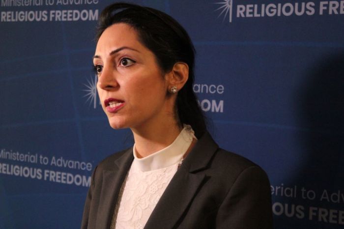 Dabrina Bet Tambraz, an Assyrian Christian from Iran, speaks with the press at the U.S. State Department Ministerial to Advance Religious Freedom at the Harry S. Truman Building on July 17, 2019. 