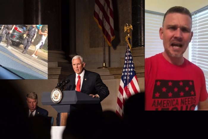 Vice President Mike Pence, Pastor Greg Lock (R inset) are among many conservatives outraged at water attacks on NYPD officers (L - inset) in New York City.