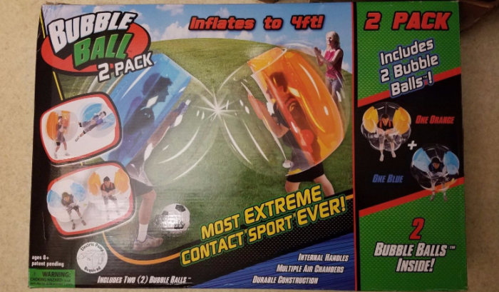 The box that the Bubble Ball was sold in, advertising it as the 'Most Extreme Contact Sport Ever!'