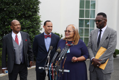 Alveda King (2R), niece of Dr. Martin Luther King Jr., speaks to the media following a meeting with U.S. President Donald Trump and other faith-based inner-city leaders at the White House on July 29, 2019 in Washington, D.C. U.S. 