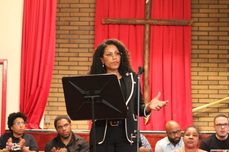 Ilyasah Shabazz, daughter of Malcolm X, speaks at a memorial event on the fifth anniversary of Eric Garner's death at Canaan Baptist Church in Harlem, New York. 