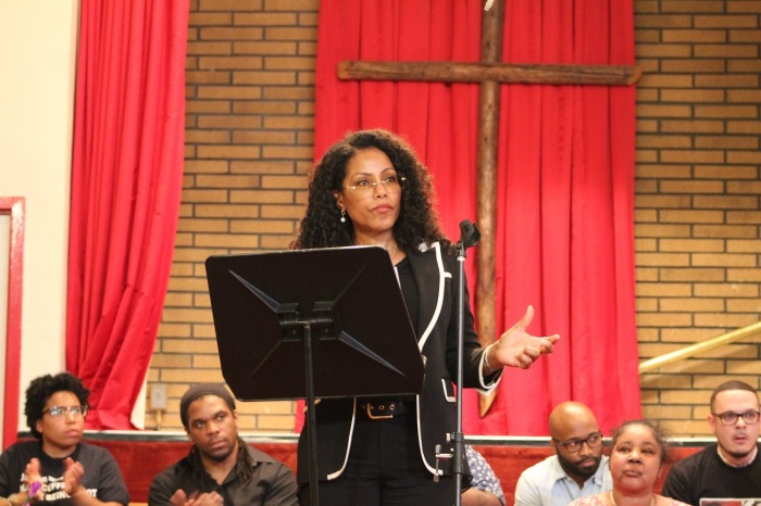 Ilyasah Shabazz, daughter of Malcolm X, speaks at a memorial event on the fifth anniversary of Eric Garner's death at Canaan Baptist Church in Harlem, New York. 