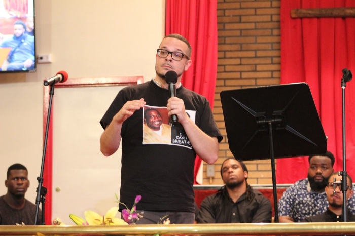 Activist Shaun King speaks at the fifth anniversary memorial event marking the death of Eric Garner at Canaan Baptist Church in Harlem, New York, on July 30, 2019. 