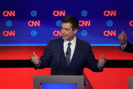 Democratic presidential candidate South Bend, Indiana Mayor Pete Buttigieg speaks during the Democratic Presidential Debate at the Fox Theatre July 30, 2019 in Detroit, Michigan. 20 Democratic presidential candidates were split into two groups of 10 to take part in the debate sponsored by CNN held over two nights at Detroit’s Fox Theatre.