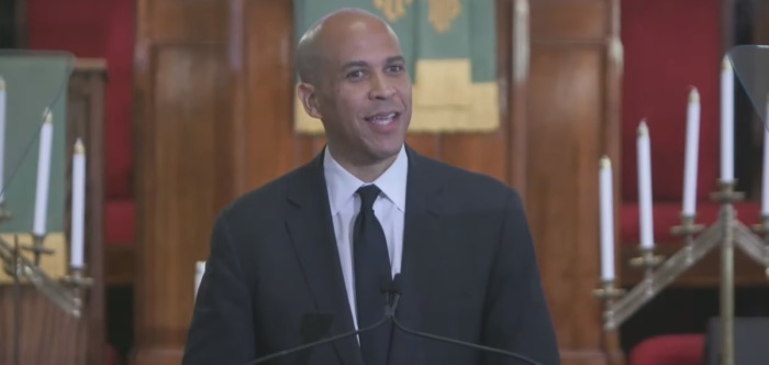 Senator Cory Booker of New Jersey gives a speech on white nationalism and gun violence at Emanuel African Methodist Episcopal Church in Charleston, South Carolina on August 7, 2019. 