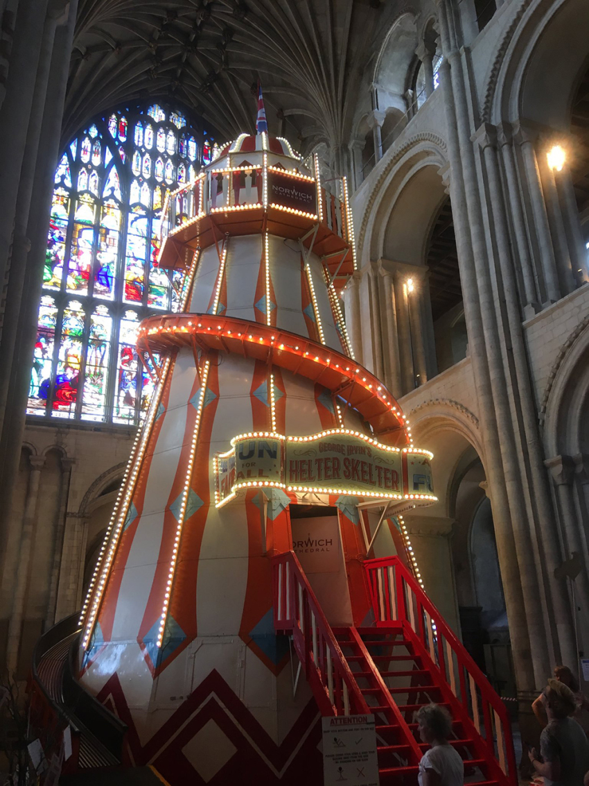 Norwich Cathedral helter skelter carnival ride in the church nave, Norwich, England, August 8, 2019.