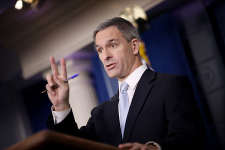 Acting Director of U.S. Citizenship and Immigration Services Ken Cuccinelli speaks about immigration policy at the White House during a briefing August 12, 2019 in Washington, D.C.
