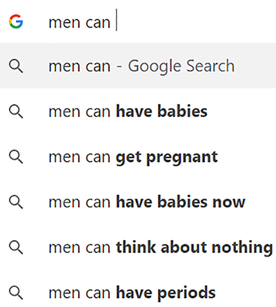 Google search results for 'men can' on Aug. 14, 2019. 