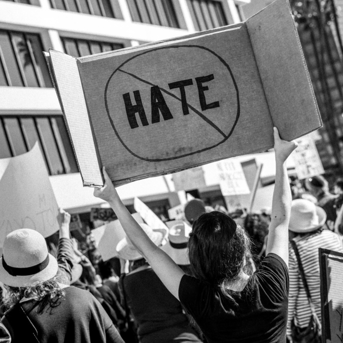 A woman declares “No Hate” at a protest in Los Angeles, California 2017.
