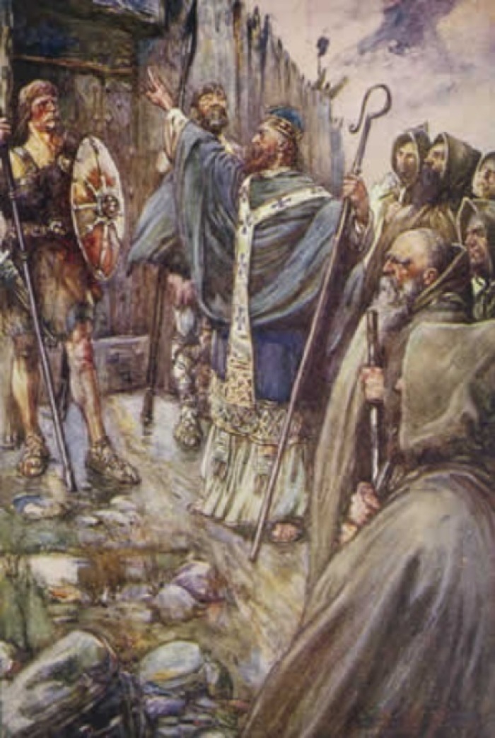 A painting of Saint Columba (521-597), an Irish monk, writer, and statesman who according to legend had the first encounter with the Loch Ness Monster. 