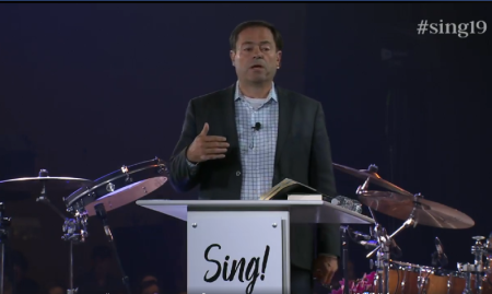 Mark Dever, pastor of Capitol Hill Baptist Church in Washington, D.C., addresses the Sing! 2019 conference in Nashville, Tennessee, on August 20, 2019.