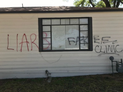 Austin Life Care, a pro-life women's healthcare center, was vandalized with the words 'liars' and 'fake clinic' spray painted across the front and side of the building just months after a rock was thrown through a window at the center in Austin, Texas. Photo taken on Aug. 26, 2019. 