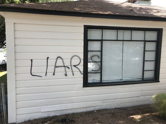 Austin Life Care, a pro-life women's healthcare center, was vandalized with the words 'liars' and 'fake clinic' spray painted across the front and side of the building just months after a rock was thrown through a window at the center in Austin, Texas. Photo taken on Aug. 26, 2019. 