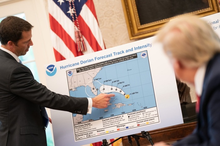 President Donald Trump receives a briefing Hurricane Dorian on Thursday August 29, 2019 inside the Oval Office. 