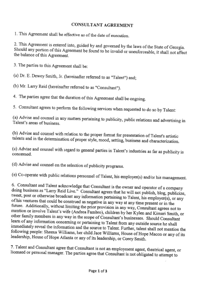 Page 1 of Larry Reid's 3-page consultant agreement with Pastor E. Dewey Smith Jr.