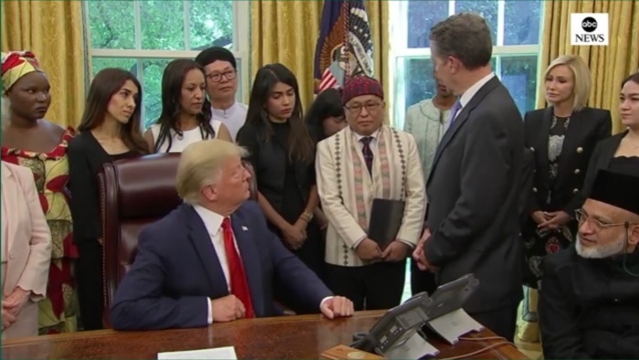 Rev. Hkalam Samson, president of the Kachin Baptist Convention speaks with President Donald Trump at the White House in Washington, D.C. on July 17, 2019.