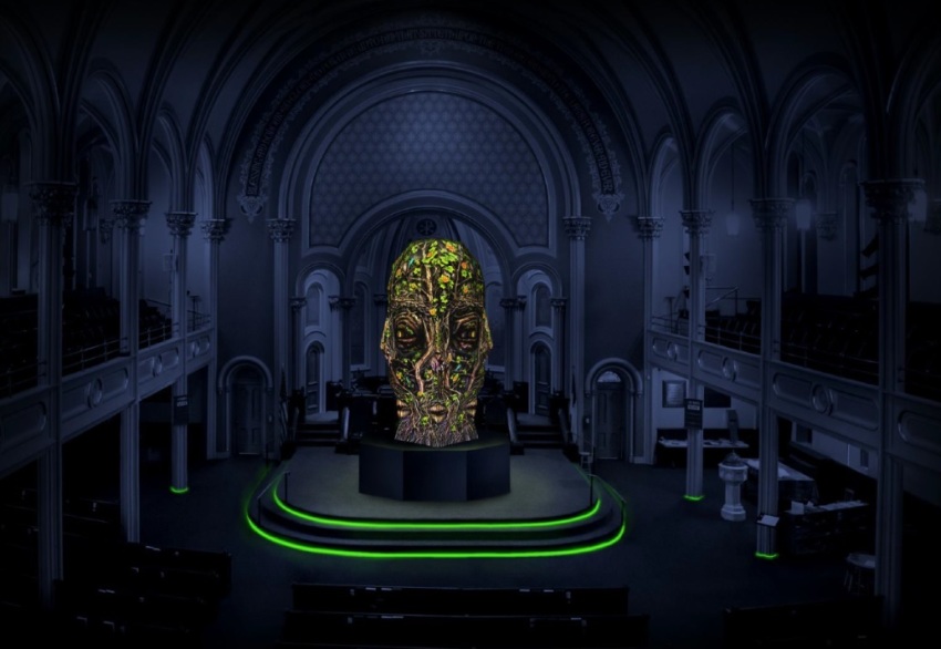 An artist's rendering of a sculpture of the Sviatovid idol, based off of a Medieval pagan deity, that was put on display at the United Presbyterian Church of Binghamton, New York in September 2019. 