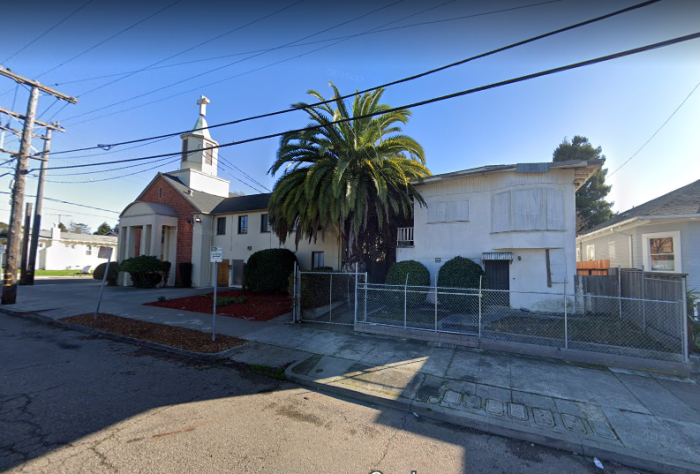 The McGee Avenue Baptist Church (L) and the fenced property at 1638 Stuart St. in Berkeley, Calif., that's set to be restored.
