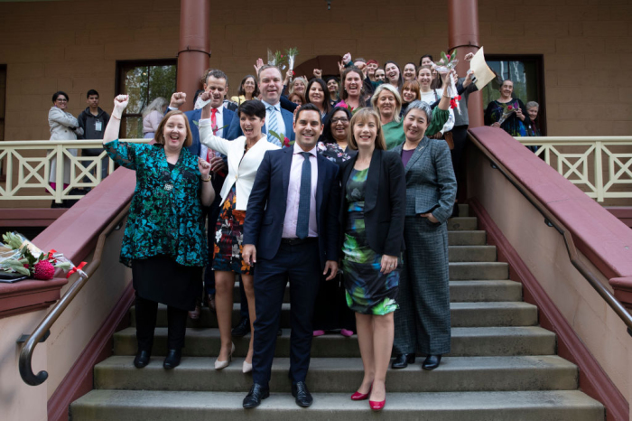 Independent MP Alex Greenwich (center left) with Member for Summer Hill Jo Haylen (center right) and co-sponsoring MPs outside Parliament House in Sydney, Australia, on Sept. 26, 2019. After two weeks of debate, the Upper House of the NSW parliament passed legislation to decriminalize abortion on Wednesday night. 