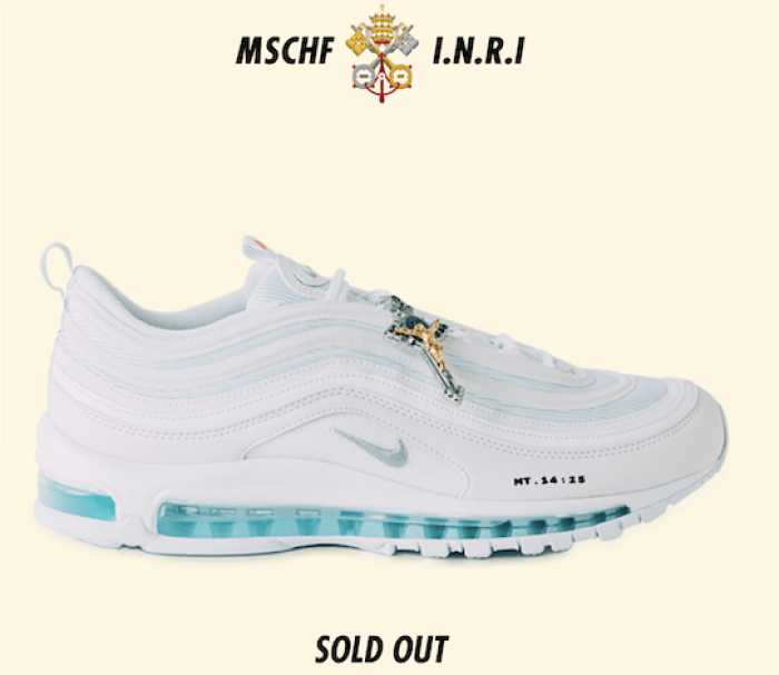 MSCHF limited-edition Nike Air Max 97 sneaker filled with holy water, Oct 2019
