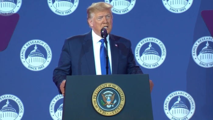 President Donald Trump giving a speech before the Values Voter Summit in Washington, D.C. on Saturday, Oct. 12, 2019. 