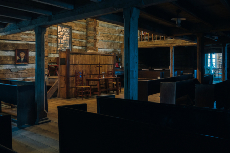 The interior of the Cane Ridge Meeting House.