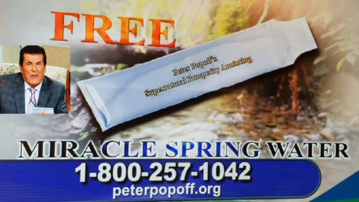 Televangelist Peter Popoff (inset) hawks his controversial miracle spring water.