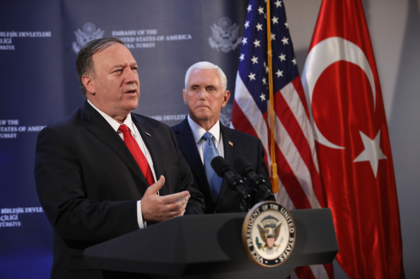 U.S. Secretary of State Mike Pompeo (L) and U.S. Vice President Mike Pence (R) hold a press conference at the U.S. Embassy in Ankara, Turkey, on October 17, 2019. After leading a delegation to press Turkish officials on the recent military campaign in Northern Syria, U.S. Vice President Mike Pence has recently announced that Turkey has agreed to a ceasefire to enable Kurdish-led forces to withdraw.