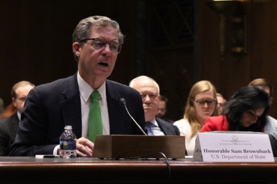 U.S. Ambassador-at-large for International Religious Freedom Sam Brownback speaks during a U.S. Commission on International Religious Freedom hearing at the Dirksen Senate Office Building in Washington, D.C. on Oct. 23, 2019.