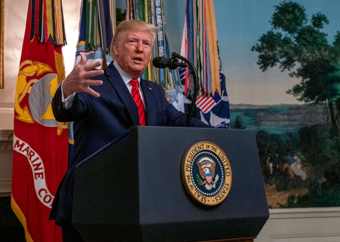 U.S. President Donald Trump makes a statement in the Diplomatic Reception Room of the White House October 27, 2019 in Washington, D.C. President Trump announced that ISIS leader Abu Bakr al-Baghdadi has been killed in a military operation in northwest Syria. 