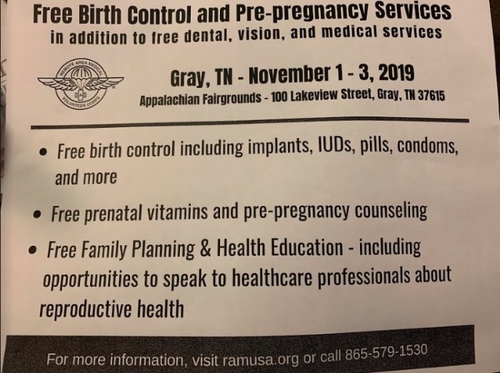 Flyers advertising free medical and contraception services were distributed to second grade students at Mary Hughes School in Piney Flats, Tennessee, in October 2019. 